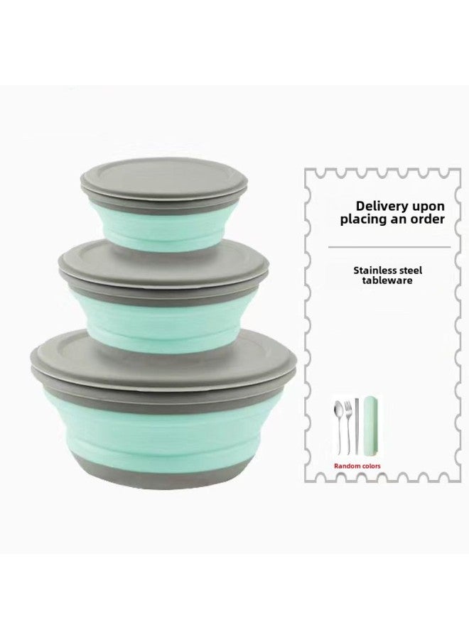 Silicone Bowl Folding Portable Outdoor Picnic Travel Office Student Noodles Baby Lunch Box Compressed Tableware Suit-Specifications:Three Piece Set-Color:Nordic Green  - Image 1