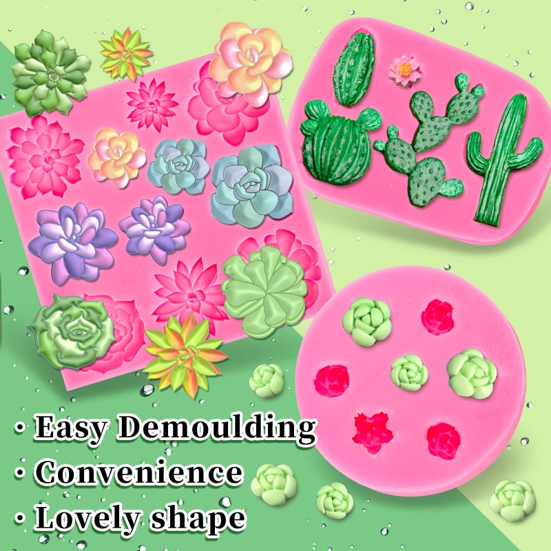 Whaline Succulent Fondant Molds 3D Silicone Cactus Succulents Leaves Moulds Succulent Plants Resin Molds Grow Plant Cupcake Cookie Baking Decorating Moulds for Summer Birthday Party DIY Candy 3Pcs - Image 3