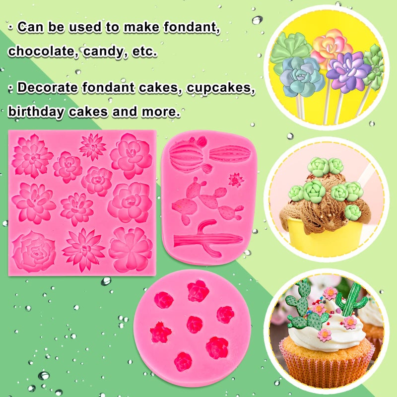 Whaline Succulent Fondant Molds 3D Silicone Cactus Succulents Leaves Moulds Succulent Plants Resin Molds Grow Plant Cupcake Cookie Baking Decorating Moulds for Summer Birthday Party DIY Candy 3Pcs - Image 4