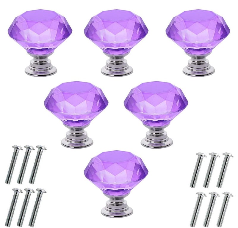 اكستور 6 قطع من مقابض الخزانات الزجاجية الكريستالية من Akstore 30 ملم على شكل الماس درج خزائن المطبخ وخزانة الملابس وخزانة الملابس ومقابض (30 ملم أرجواني) - Image 1