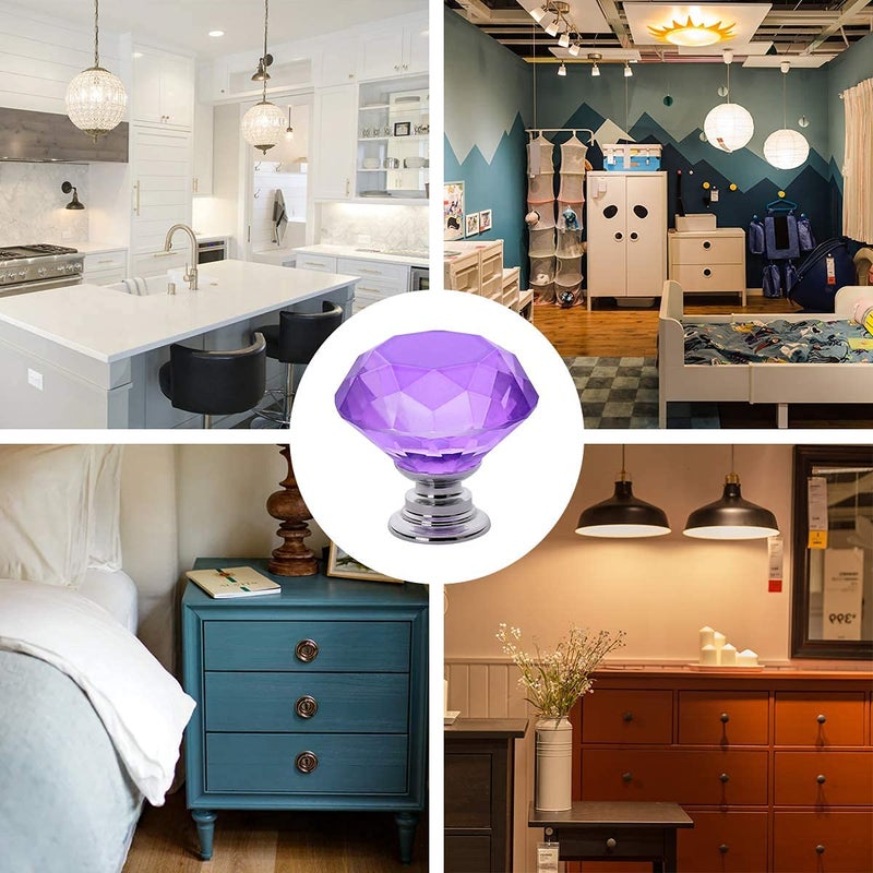 اكستور 6 قطع من مقابض الخزانات الزجاجية الكريستالية من Akstore 30 ملم على شكل الماس درج خزائن المطبخ وخزانة الملابس وخزانة الملابس ومقابض (30 ملم أرجواني) - Image 3