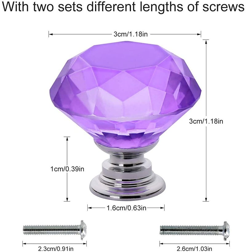 اكستور 6 قطع من مقابض الخزانات الزجاجية الكريستالية من Akstore 30 ملم على شكل الماس درج خزائن المطبخ وخزانة الملابس وخزانة الملابس ومقابض (30 ملم أرجواني) - Image 4