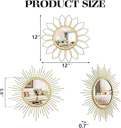 HMANGE Boho Sunburst Wall Mirror Set of 3, 12 Inch Round Antique & Modern Metal Wall Art, Hanging Over The Door Mirrors for Wall Decor in Living Room, Bedroom, Bathroom, Entryway（Gold） - Image 3
