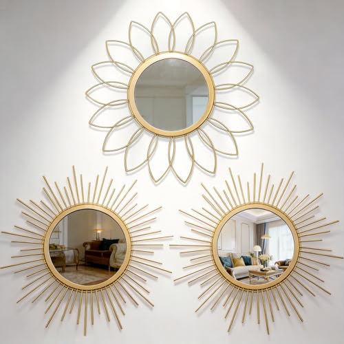 HMANGE Boho Sunburst Wall Mirror Set of 3, 12 Inch Round Antique & Modern Metal Wall Art, Hanging Over The Door Mirrors for Wall Decor in Living Room, Bedroom, Bathroom, Entryway（Gold） - Image 1
