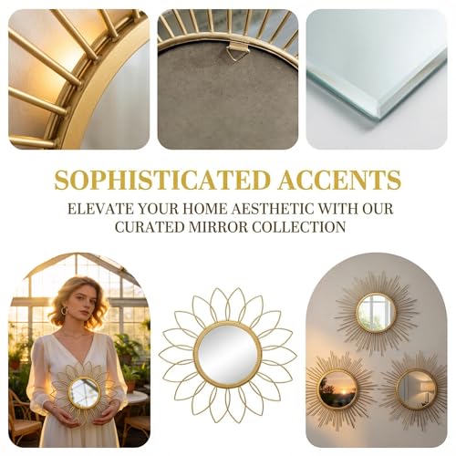 HMANGE Boho Sunburst Wall Mirror Set of 3, 12 Inch Round Antique & Modern Metal Wall Art, Hanging Over The Door Mirrors for Wall Decor in Living Room, Bedroom, Bathroom, Entryway（Gold） - Image 4
