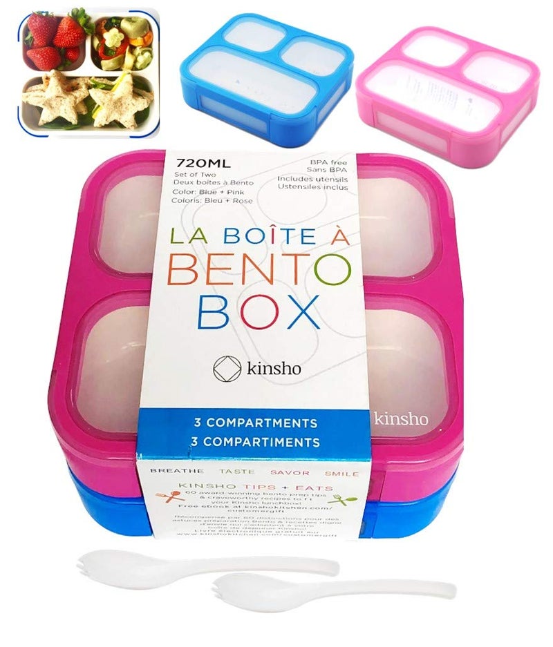 Kinsho Bento Box for Kids, Toddler Lunch-Box for Small Boys Girls in School, Pre-School or Daycare, Leakproof 3 Compartment Containers for Portion Control Snacks for Adults, BPA Free. Medium Blue Pink 2 pack - Image 1