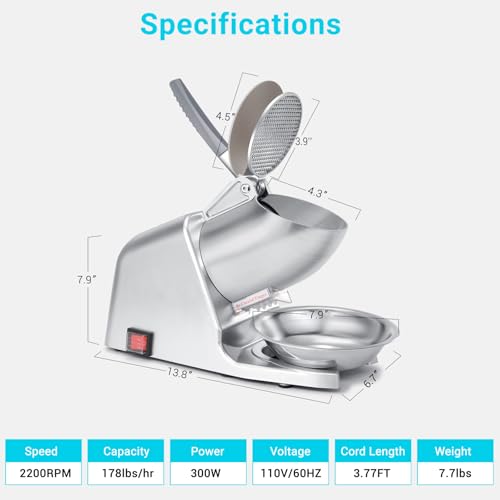 Hurmovae 300W 178 lbs/hr ETL-Listed Dual Blade Electric Ice Shaver Machine with Ice Pick, Ice Crusher for Home Use and Commercial, Shaved Ice Machine, Ice Grinder, Silver - Image 3
