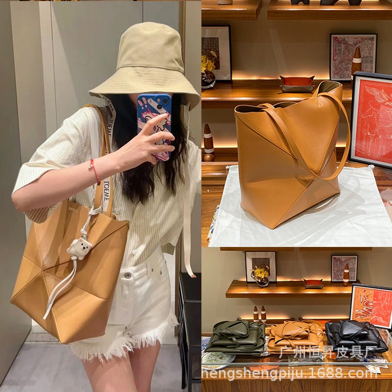 Genuine Leather Folding Tote Bag Fashionable Large Capacity Deformed Geometric Tote Bag Shoulder Crossbody Portable Bucket Bag Women'S Bag - Image 2