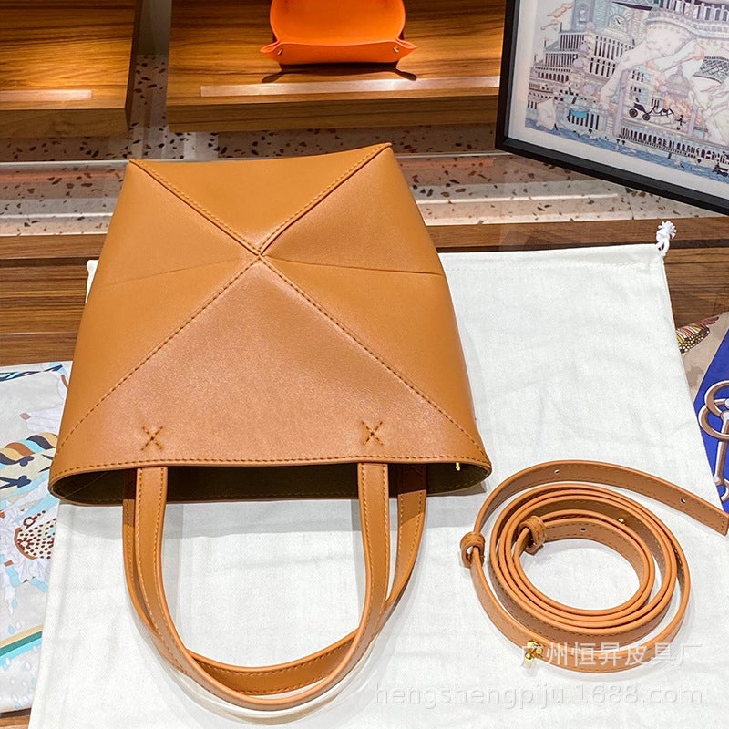 Genuine Leather Folding Tote Bag Fashionable Large Capacity Deformed Geometric Tote Bag Shoulder Crossbody Portable Bucket Bag Women'S Bag - Image 5