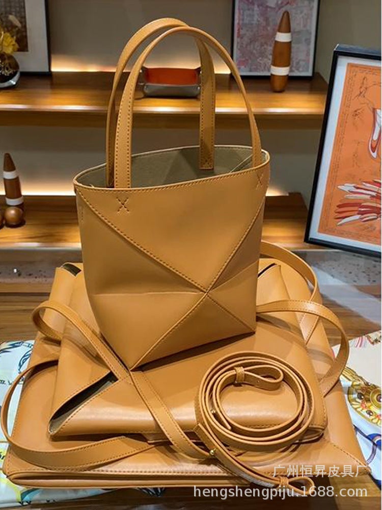 Genuine Leather Folding Tote Bag Fashionable Large Capacity Deformed Geometric Tote Bag Shoulder Crossbody Portable Bucket Bag Women'S Bag - Image 1