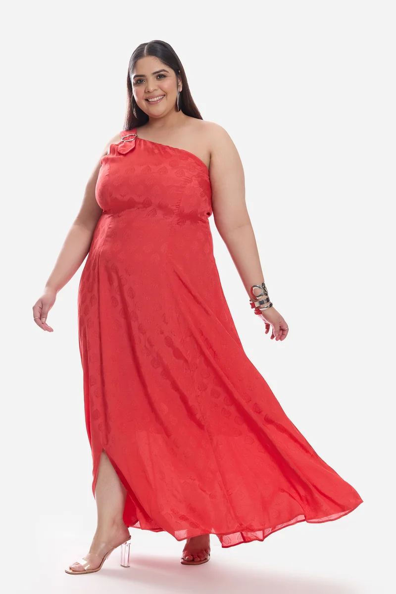 Virgio  Self Design Viscose One Shoulder A Line Plus Size Dress for Women for Women | Best Price UAE