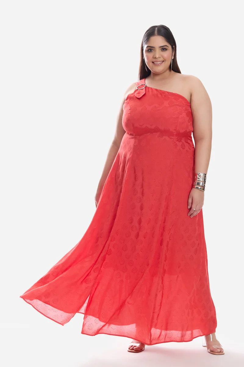 Virgio Self Design Viscose One Shoulder A Line Plus Size Dress for Women