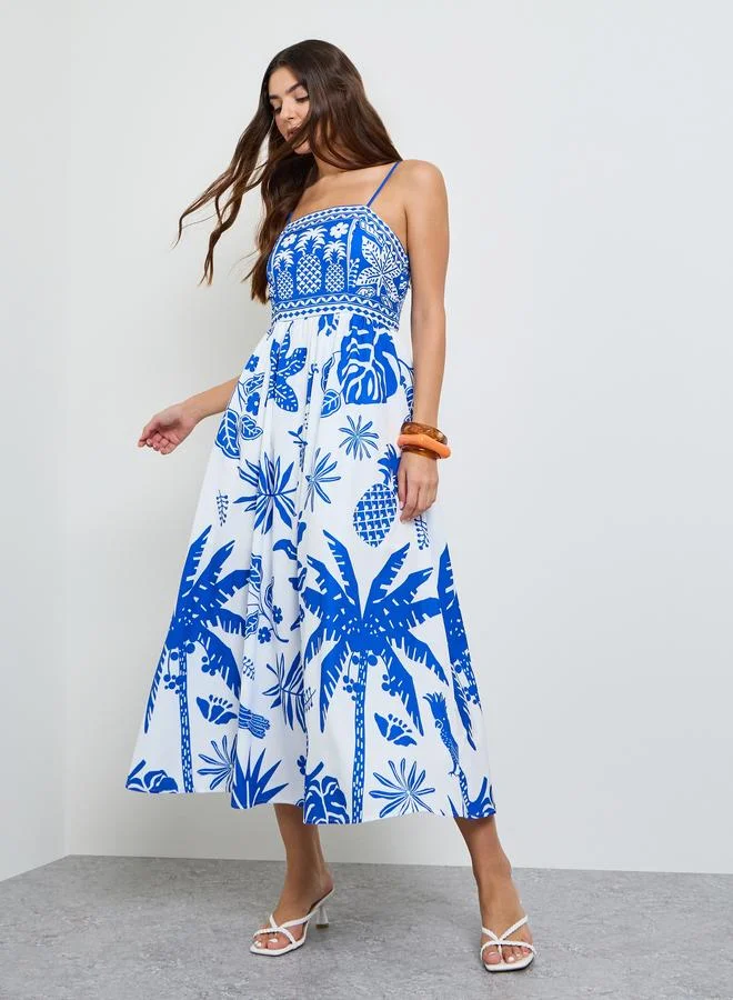 تايك تو Tropical Print Strappy A-Line Maxi Dress
