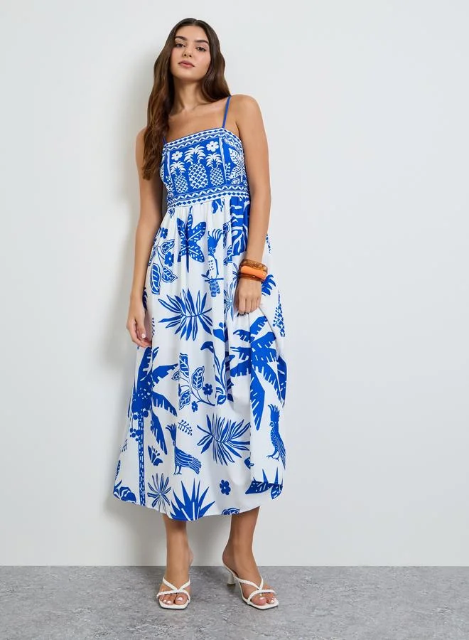 تايك تو Tropical Print Strappy A-Line Maxi Dress