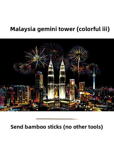 Color City Night Scrape Painting 3 Colorful Scrape Paper 8 Open Hand Scrape Painting This Pattern To Send Men And Women A Wholesale-Colour:(colorful 3rd Edition) Petronas Towers - Scratch Painting + 1 Bamboo Stick