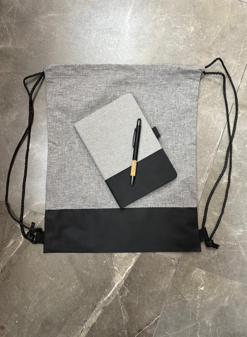 PU Gift Set (Canvas Drawstring Bag, A5 PU Notebook with Pen Holder, and Black Cork Pen) - Image 1