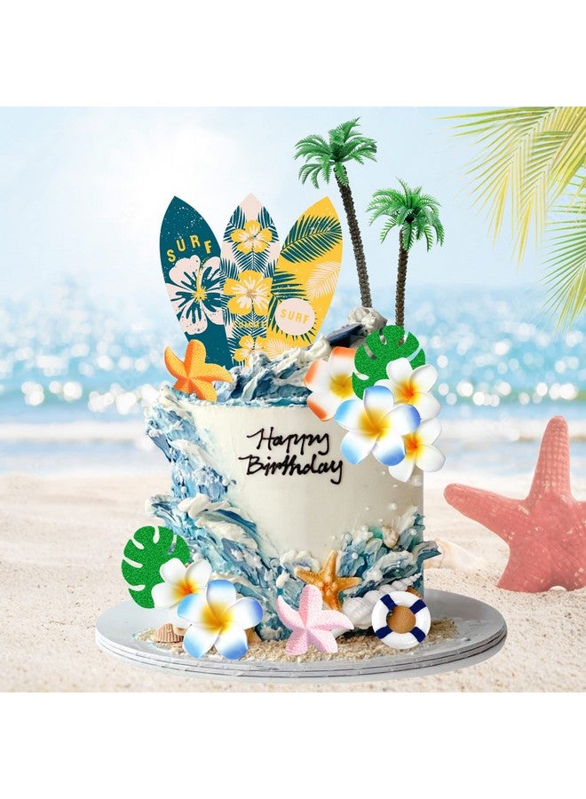 SKYCOOOOL Summer Happy Birthday Cake Topper Surfboard Palm Model Tree Beach Umbrella Chair for Swimming Party Luau Birthday Baby Shower Supplies (Surfboard) - Image 1