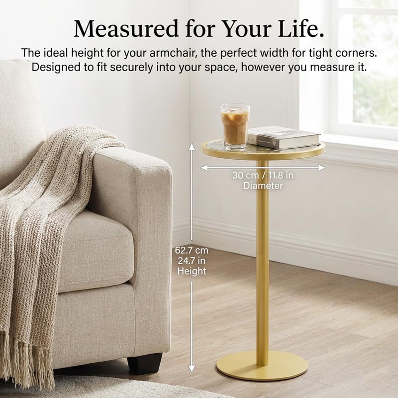 ZEXVIDA Gold Drink Table, Indoor Outdoor Small Round Side Table with Tempered Amber Glass Top & Scroll Design, 24.7" Metal Pedestal End Table for Living Room, Patio, Small Spaces, Weather Resistant - Image 3
