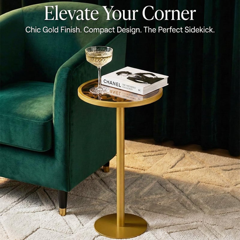 ZEXVIDA Gold Drink Table, Indoor Outdoor Small Round Side Table with Tempered Amber Glass Top & Scroll Design, 24.7" Metal Pedestal End Table for Living Room, Patio, Small Spaces, Weather Resistant - Image 2