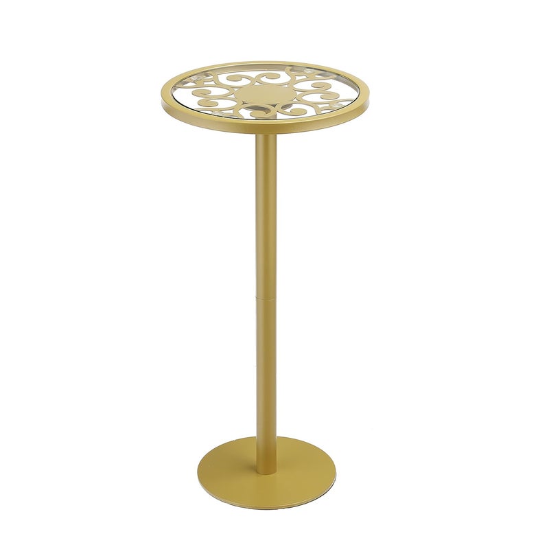 ZEXVIDA Gold Drink Table, Indoor Outdoor Small Round Side Table with Tempered Amber Glass Top & Scroll Design, 24.7" Metal Pedestal End Table for Living Room, Patio, Small Spaces, Weather Resistant - Image 1