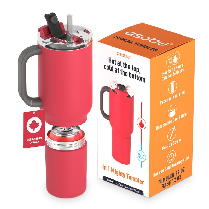asobu DUPLEX 2in1 Travel Mug and Beer Can Holder Enjoy hot and cold drinks simultaneously 22 oz Hot Coffee or Tea Tumbler with Attached 12 oz Cold Can Holder for Beer or Soda Red - Image 2