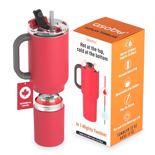 asobu DUPLEX 2in1 Travel Mug and Beer Can Holder Enjoy hot and cold drinks simultaneously 22 oz Hot Coffee or Tea Tumbler with Attached 12 oz Cold Can Holder for Beer or Soda Red - Image 1