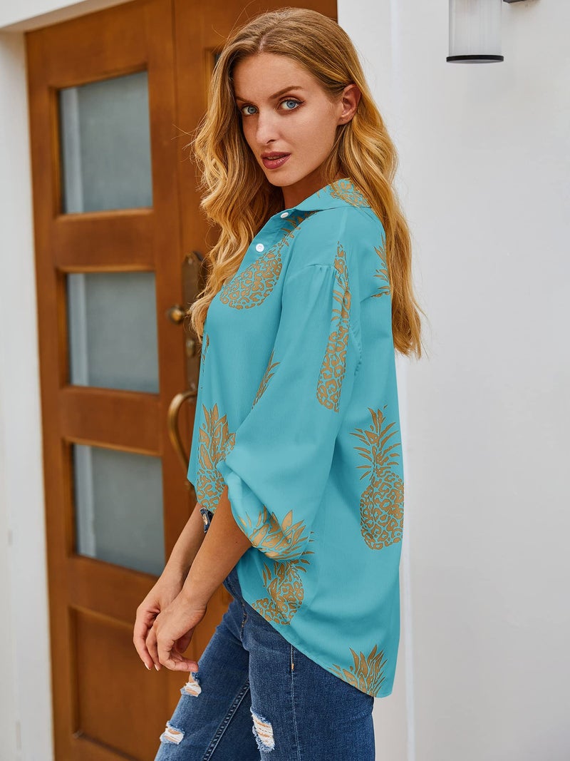 ZXZY Women Pineapple Printed Lapel Collar Half Sleeves Buttons Down Blouse Shirt (Lake Blue, Large) - Image 3