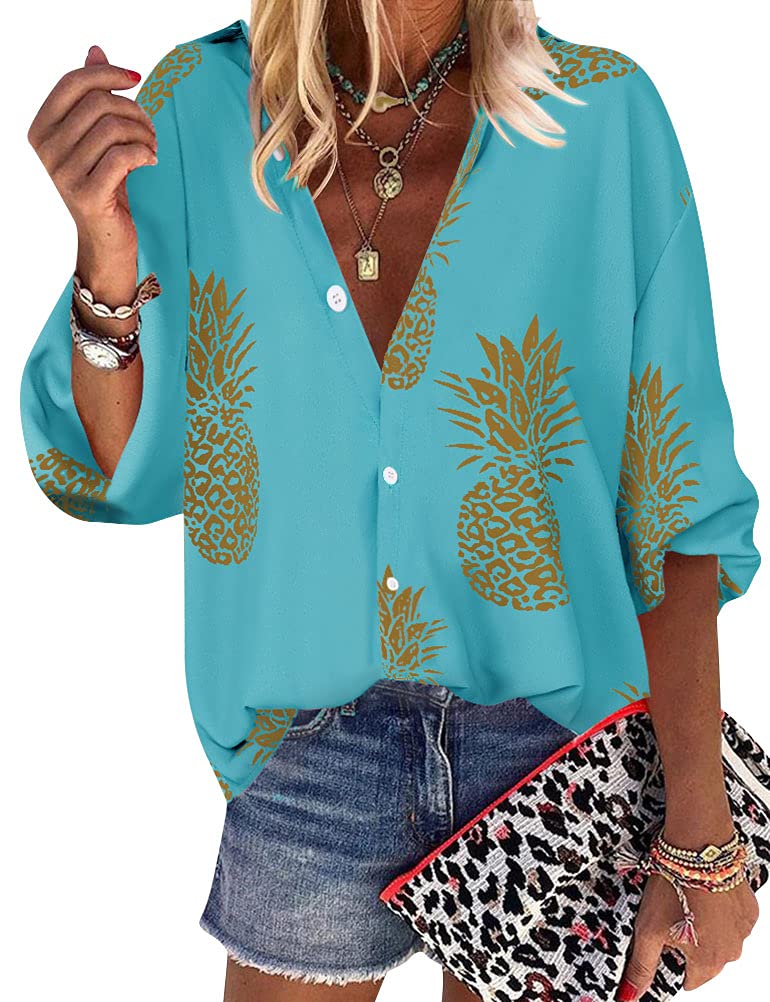 ZXZY Women Pineapple Printed Lapel Collar Half Sleeves Buttons Down Blouse Shirt (Lake Blue, Large) - Image 1