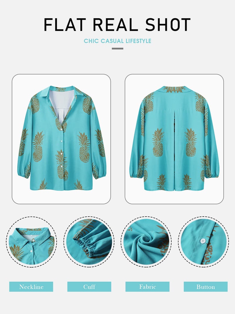 ZXZY Women Pineapple Printed Lapel Collar Half Sleeves Buttons Down Blouse Shirt (Lake Blue, Large) - Image 5