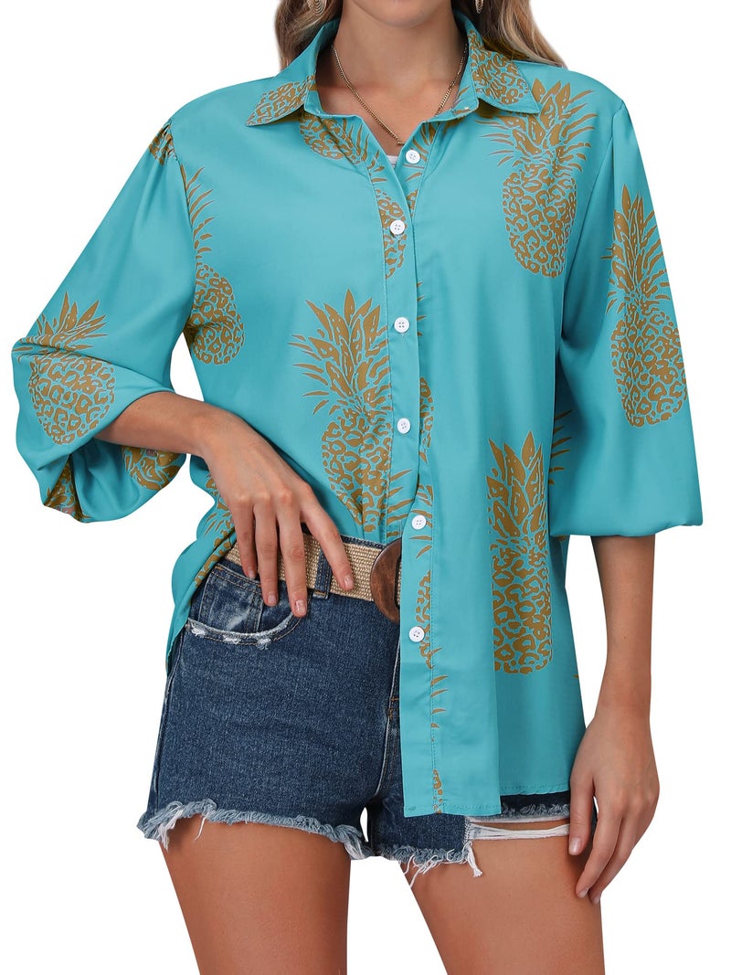 ZXZY Women Pineapple Printed Lapel Collar Half Sleeves Buttons Down Blouse Shirt (Lake Blue, Large) - Image 2