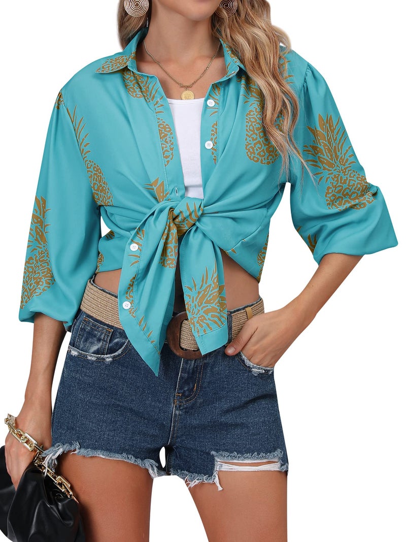 ZXZY Women Pineapple Printed Lapel Collar Half Sleeves Buttons Down Blouse Shirt (Lake Blue, Large) - Image 4