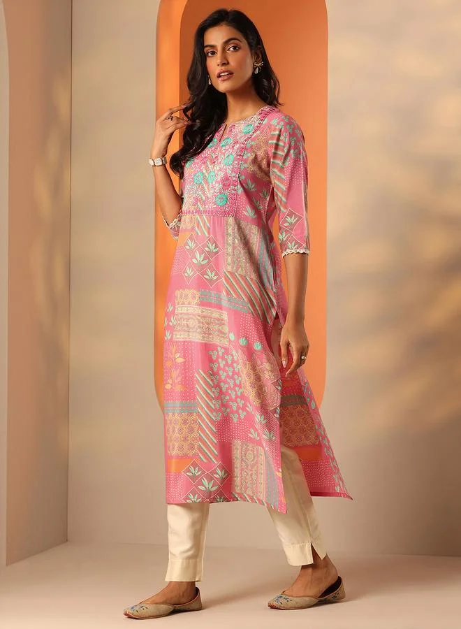 Libas Pink Printed Silk Blend Straight Kurta