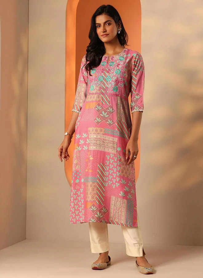 Libas Pink Printed Silk Blend Straight Kurta