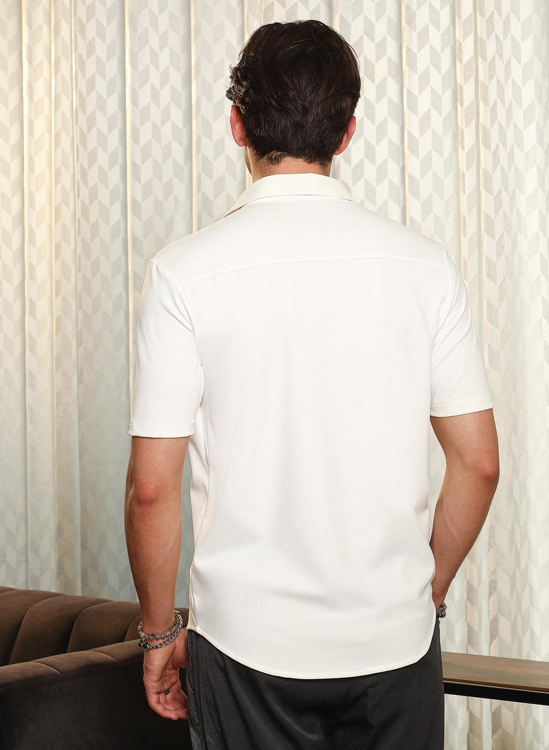 Campus Sutra Campus Sutra Men's Cream White Seamless Waffle-Knit Shirt | Slim Fit Short Sleeve Point Collar Solid Pattern | Nylon Blend Lightweight Breathable Fabric For Casual & Formal Wear  - Image 5