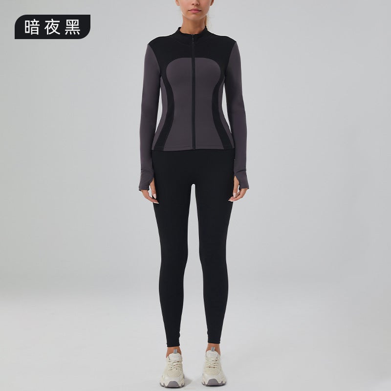Generic Cross-border New Fitness Suit Slimming Yoga Suit Jacket Sports Jacket Womens Yoga Suit Long Sleeve Top with Lining Collar Zipper Suit - dark night black 
