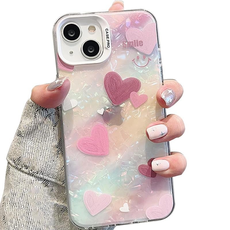 Mobistyle Designed for iPhone 14 Cover Cool Shining Shell Love Heart Pattern Design with TPU Edges Phone Back Cover Case for Girls Women (Bling Heart Pink) - Image 1