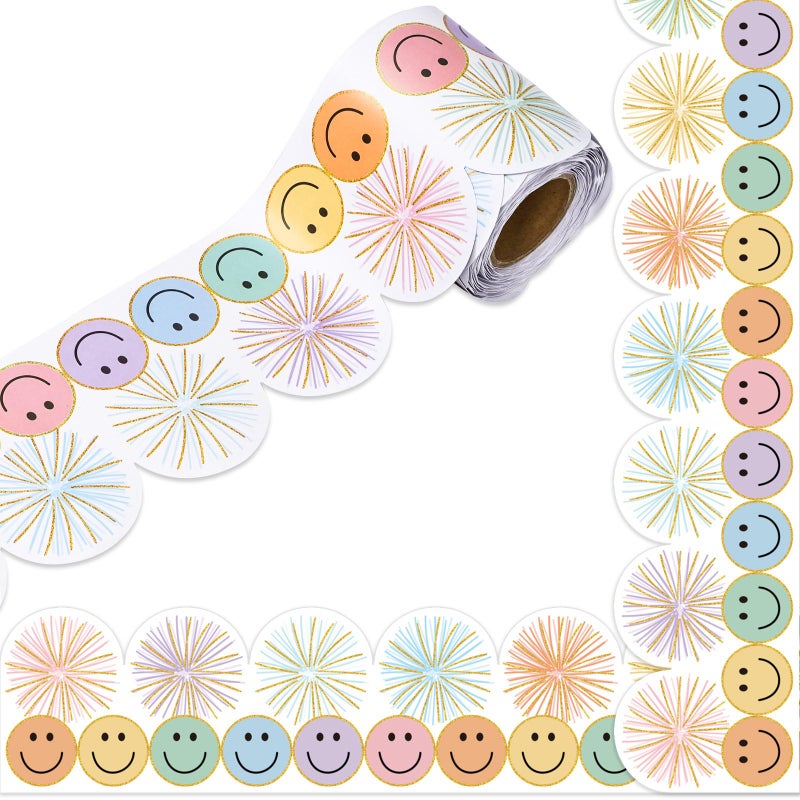 Whaline 328ft Preppy Pastel Smile Face Bulletin Board Borders Colorful Firework Poms Scalloped DieCut Rolled Border Trim for School Classroom Office Chalkboard Decoration