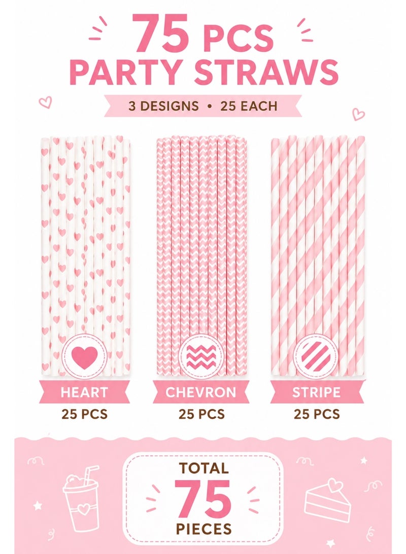 Paper Straws 75 PCS Disposable Food Grade Drinking Straws, Eco Friendly Biodegradable Party Straws, 3 Pink Designs for Birthday Party, Baby Shower, Wedding, Juice & Soft Drinks - Image 2