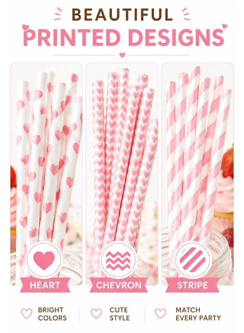 Paper Straws 75 PCS Disposable Food Grade Drinking Straws, Eco Friendly Biodegradable Party Straws, 3 Pink Designs for Birthday Party, Baby Shower, Wedding, Juice & Soft Drinks - Image 5