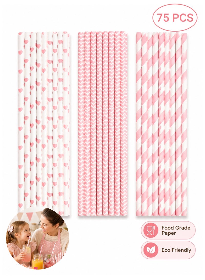 Paper Straws 75 PCS Disposable Food Grade Drinking Straws, Eco Friendly Biodegradable Party Straws, 3 Pink Designs for Birthday Party, Baby Shower, Wedding, Juice & Soft Drinks - Image 1