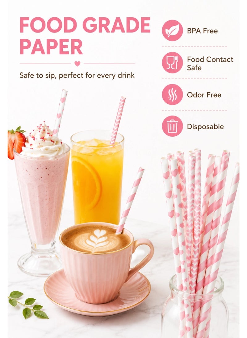 Paper Straws 75 PCS Disposable Food Grade Drinking Straws, Eco Friendly Biodegradable Party Straws, 3 Pink Designs for Birthday Party, Baby Shower, Wedding, Juice & Soft Drinks - Image 3