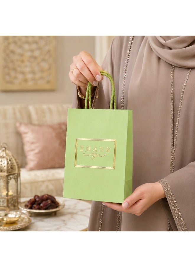 12 Pcs Gold Foil Thank You Print Light Green Kraft Paper Gift Tote Bags Twisted Paper Handle Hand Bags for Ramadan Eid Wedding Birthday Party Gift Packaging 21x15x8cm - Image 4