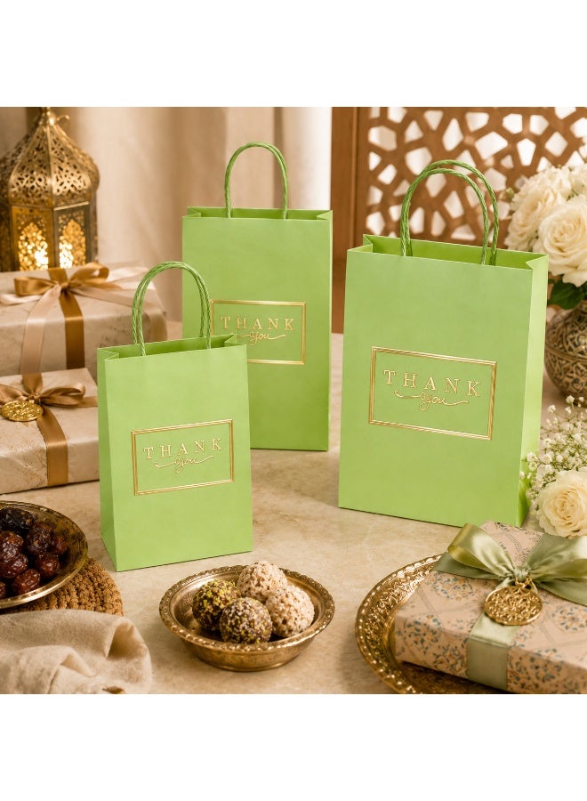 12 Pcs Gold Foil Thank You Print Light Green Kraft Paper Gift Tote Bags Twisted Paper Handle Hand Bags for Ramadan Eid Wedding Birthday Party Gift Packaging 21x15x8cm - Image 3