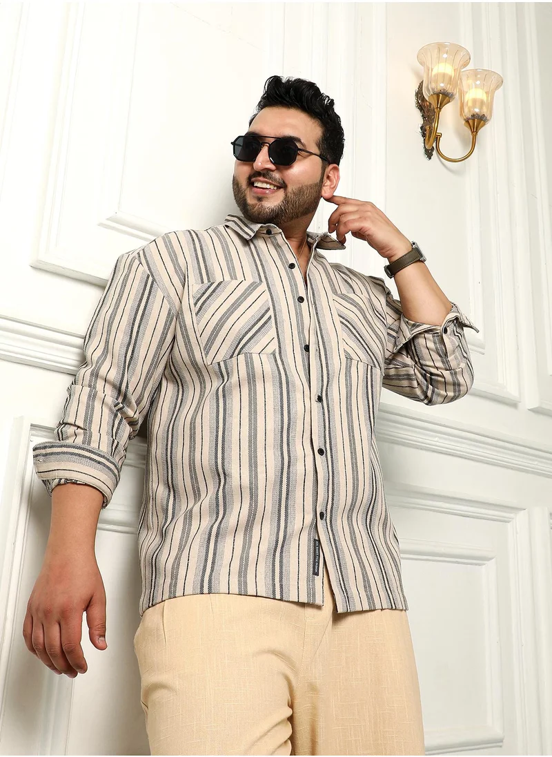 انستافاب بلس Instafab Plus Men's Beige & Grey Multitrack Striped Relaxed Shirt For Casual Wear | Spread Collar | Long Sleeves | Button Closure | Plus Size Shirt Crafted With Comfort Fit For Everyday Wear