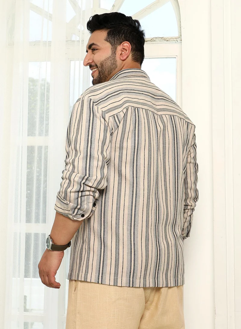 Instafab Plus Instafab Plus Men's Beige & Grey Multitrack Striped Relaxed Shirt For Casual Wear | Spread Collar | Long Sleeves | Button Closure | Plus Size Shirt Crafted With Comfort Fit For Everyday Wear