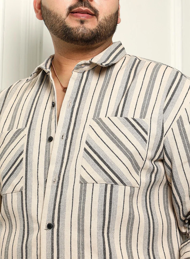 Instafab Plus Instafab Plus Men's Beige & Grey Multitrack Striped Relaxed Shirt For Casual Wear | Spread Collar | Long Sleeves | Button Closure | Plus Size Shirt Crafted With Comfort Fit For Everyday Wear