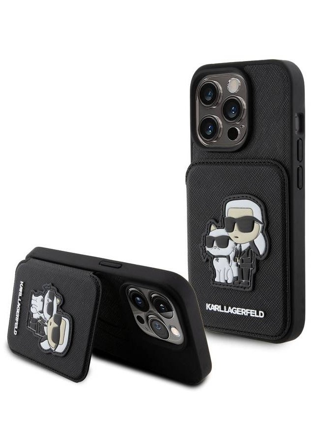Karl Lagerfeld - Karl Lagerfeld Saffiano Hard Case with Cardslots and Stand Karl Legerfeld & Choupette Patch - Black - Image 1