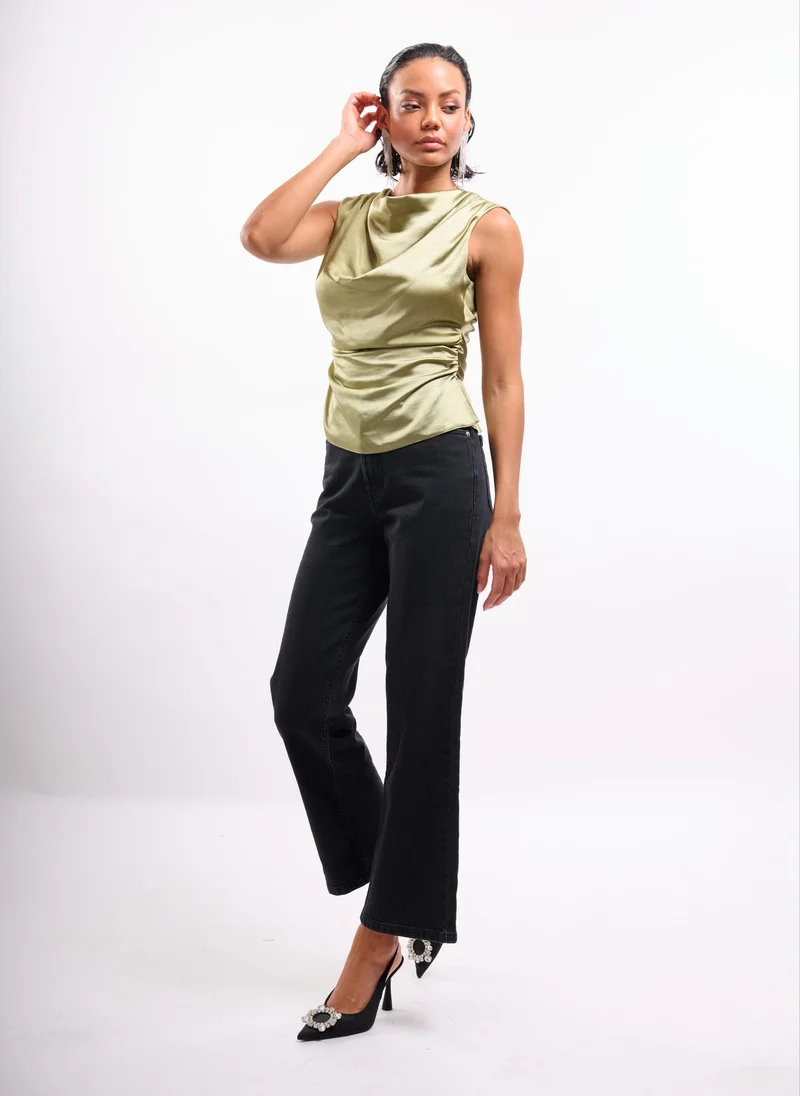 Faia Khaki Khaki Cowl Neck Satin Top for Women | Best Price UAE