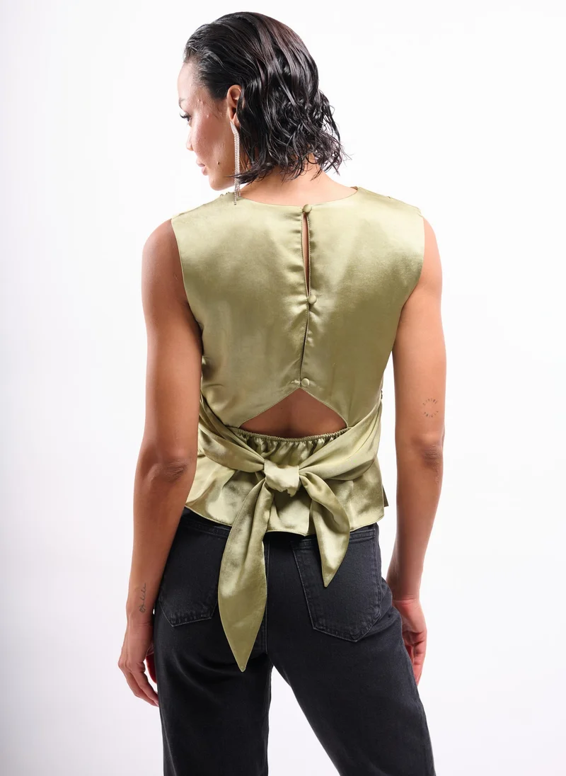 Faia Khaki Khaki Cowl Neck Satin Top for Women | Best Price UAE
