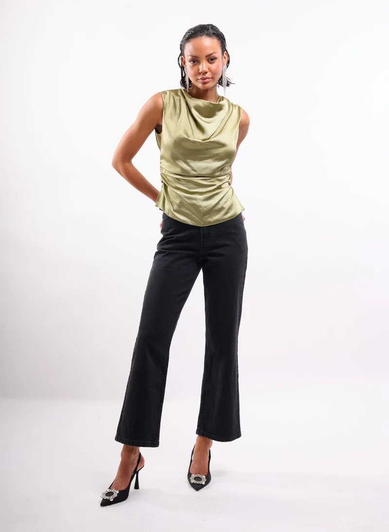 Faia Khaki Khaki Cowl Neck Satin Top for Women | Best Price UAE